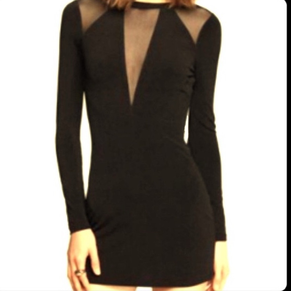 Express Black and Tan Plunge Neck Long Sleeve Dress